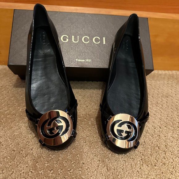 NEW WITH BOX Gucci Black Patent Leather GG Logo Ballet Flats for Women Size 39 - Picture 8 of 14